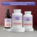 GleeFull Ultra Fat Burner Bundle. One bottle each of GleeFull Meno Morning Fat Burner (amber dropper), Meno-Shred Fat Burner (white), and Carb Blocker (white) on white podiums against a burgundy background. Purple banner reads: 'Maximum-Strength Fat-Burning Stack For Rapid Weight Loss And Metabolism Transformation'.