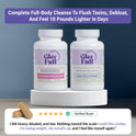 One bottle each of GleeFull Over 30 Hormone Support and Meno Belly Flusher (both white) on a white podium against a dark blue background. Purple banner reads: 'Complete Full-Body Cleanse To Flush Toxins, Debloat, And Feel 10 Pounds Lighter In Days'. Two tan capsules and a verified buyer quote: "I felt heavy, bloated, and low. Nothing moved the scale — until this combo. I'm losing weight, my mood's up, and I feel like myself again."