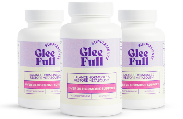 Three bottles of GleeFull Over 30 Hormone Support supplements on a white background