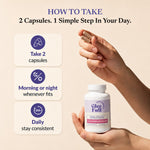 An instructional infographic titled "HOW TO TAKE: 2 Capsules. 1 Simple Step In Your Day." On the right, a person's hands are shown holding two clear herbal capsules above a white bottle of "Glee Full Supplements." On the left, three stacked instruction cards detail the directions: "Take 2 capsules" with a capsule icon, "Morning or night whenever fits" with a moon and sun icon, and "Daily stay consistent" with a 24h clock icon.