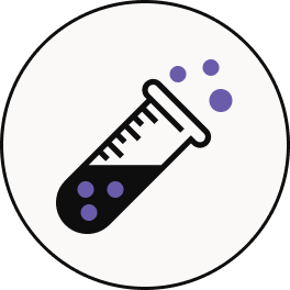 A circular icon featuring a black-and-white test tube with purple liquid droplets on a white background.