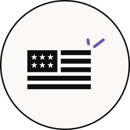 A minimalist circular icon featuring a black American flag with a purple checkmark, set against a light gray background.