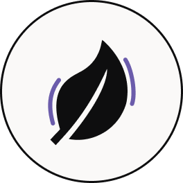 A minimalist black leaf icon with two purple curved lines on either side, centered inside a thin black circle on a white background.