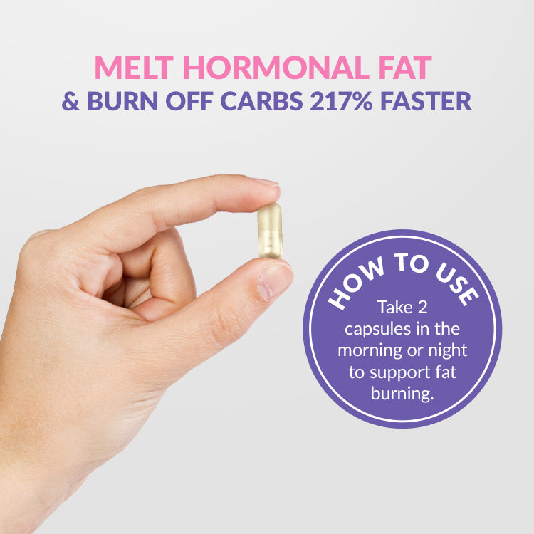A hand holding a golden supplement capsule against a light gray background. Pink and purple headline text reads 'Melt Hormonal Fat & Burn Off Carbs 217% Faster.' A purple circular badge reads 'How to Use: Take 2 capsules in the morning or night to support fat burning.'
