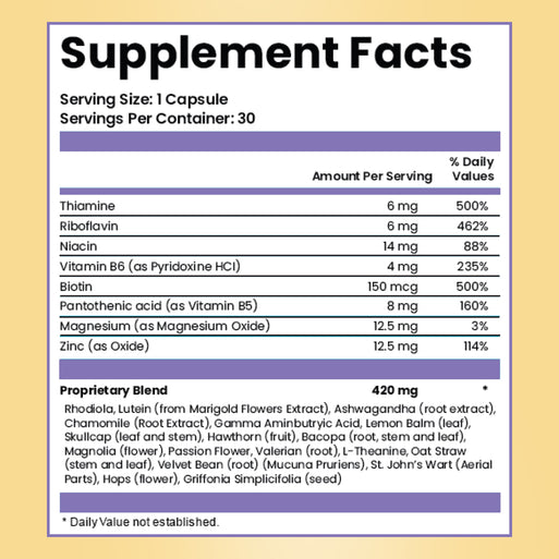 Supplement Facts for Adrenal Restore. Serving size 1 capsule, 30 per container. Contains Thiamine (6 mg, 500% DV), Riboflavin (6 mg, 462% DV), Niacin (14 mg), Vitamin B6 (4 mg, 235% DV), Biotin (150 mcg, 500% DV), Pantothenic Acid (8 mg), Magnesium (12.5 mg), Zinc (12.5 mg, 114% DV), and a 420 mg Proprietary Blend (Rhodiola, Lutein, Ashwagandha, Chamomile, GABA, Lemon Balm, Skullcap, Hawthorn, Bacopa, Magnolia, Passion Flower, Valerian, L-Theanine, Oat Straw, Velvet Bean, St. John's Wort, Hops, Griffonia Si