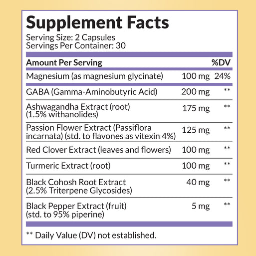 Supplement Facts for Cool REM Sleep. Serving size 2 capsules, 30 per container. Contains Magnesium glycinate (100 mg, 24% DV), GABA (200 mg), Ashwagandha Extract (175 mg), Passion Flower Extract (125 mg), Red Clover Extract (100 mg), Turmeric Extract (100 mg), Black Cohosh Root Extract (40 mg), and Black Pepper Extract (5 mg).
