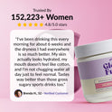 GleeFull review banner on pink: 'Trusted By 152,223+ Women, 4.8/5.0 stars'. Quote from Brenda H., 52: drinks this every morning for six weeks, dryness everywhere is much better, skin looks hydrated, mouth doesn't feel like cotton and tastes better than sugary sports drinks. White jar shown at right.