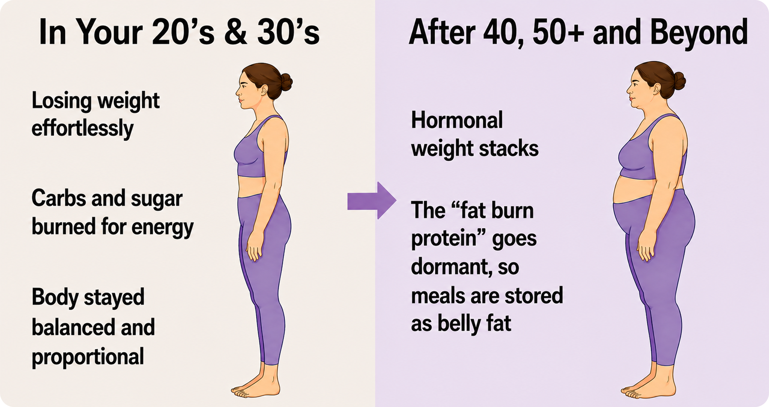 Side-by-side illustration showing how hormonal changes after 40 cause meals to be stored as belly fat instead of burned for energy