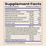A Supplement Facts label showing a serving size of 2 capsules and 30 servings per container. It lists daily values for Vitamin A, Thiamine, Niacin, Vitamin B6, Vitamin B12, Pantothenic Acid, and Zinc. It also features an 802 mg Proprietary Blend containing herbal ingredients like Horny Goat Weed, Tribulus terrestris, and Ashwagandha, alongside 100 mg of L-Arginine, 100 mg of L-Tyrosine, and 0.5 mg of BioPerine Black Pepper Extract.